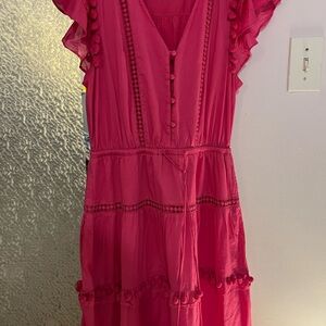 Pink Ruffled Dress with Pom-Pom Details